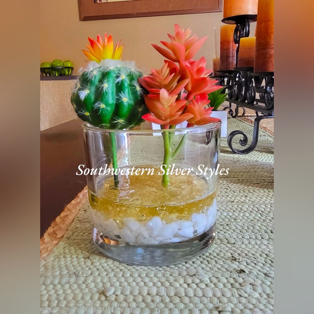 NEW Desert Succulent River Rock Arrangement Permanently Suspended In Glass Vase